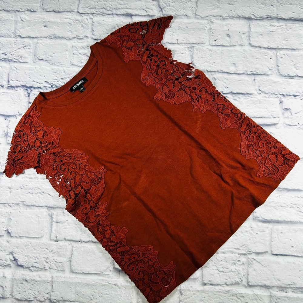 Express Womens Sleeveless Lace Trim Blouse Rust Red Cotton Knit Top Small